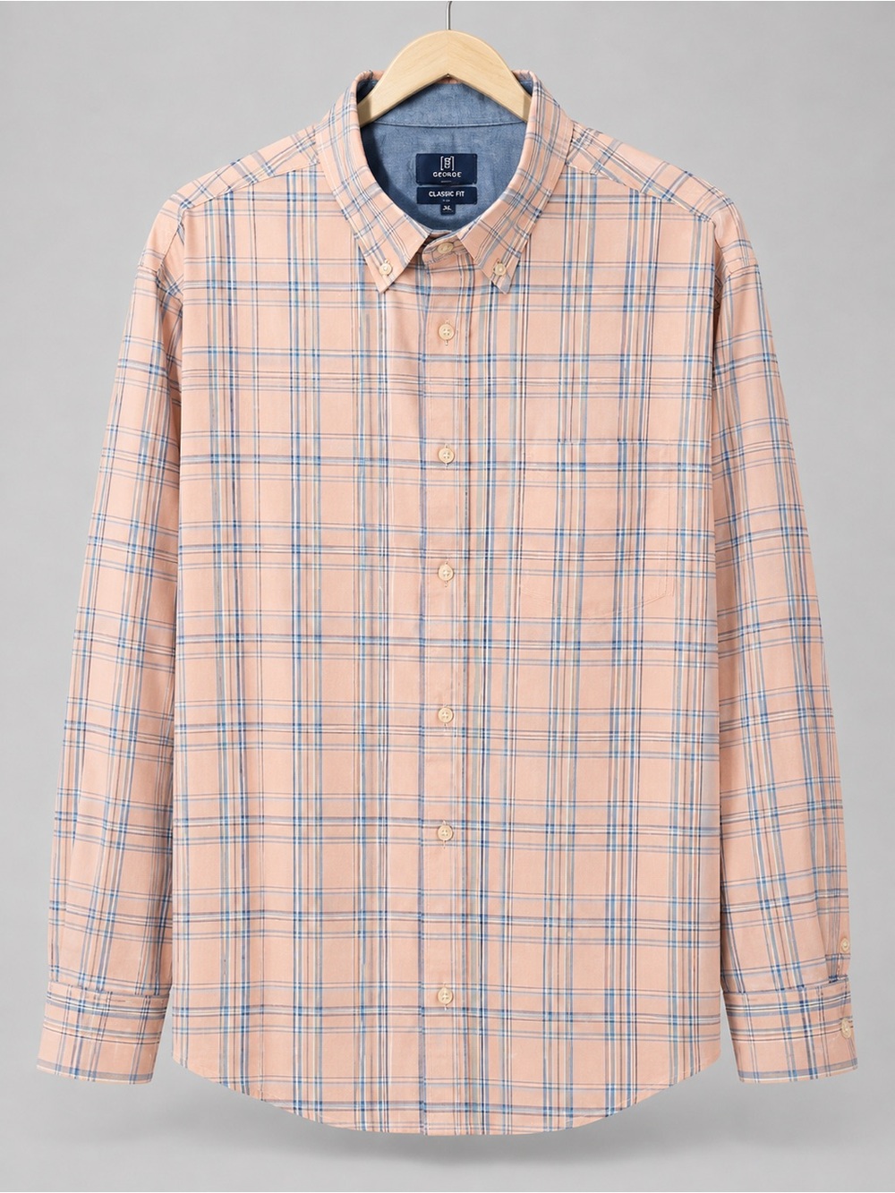 George Peach and Blue Plaid Button-Down Shirt for Men